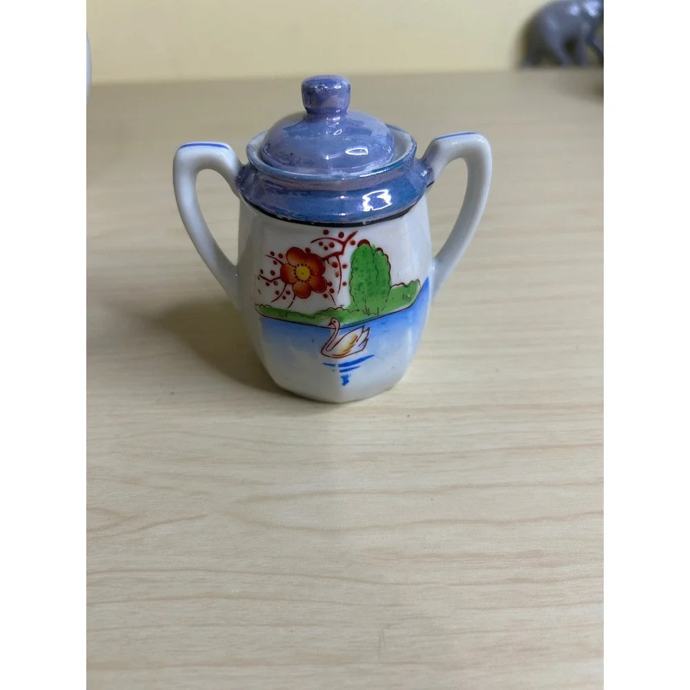 Vintage‎ Miniature Lusterware Tea Set Hand Painted Swan Landscape 17 Piece Set